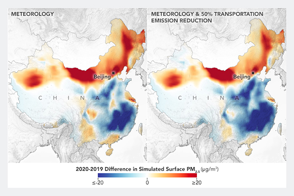 The decrease in PM2.5 concentrations over the North China Plain are most closely reproduced by a combination of a reduction in transportation emissions and meteorology (R) while natural variability dominated elsewhere (L). (Courtesy: NASA Earth Observatory)