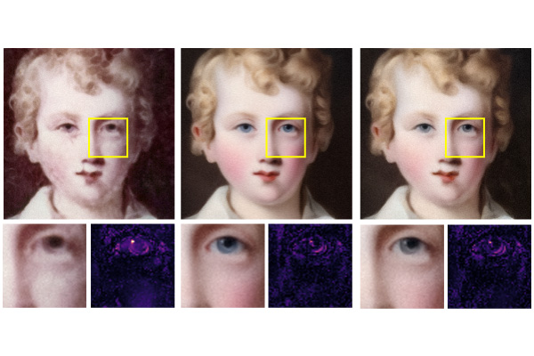 Visual comparison of matched, mismatched and adapted (proposed) deep learning models in PnP-ADMM for the phase retrieval problem. The mismatched model is trained on pathology images instead of faces (matched). The proposed method applies domain adaptation to the mismatched model to restore a high-quality image, comparable in quality to the results achieved using the matched model, with fewer than 1% of the number of images required for training. (Credit: Kamilov lab)