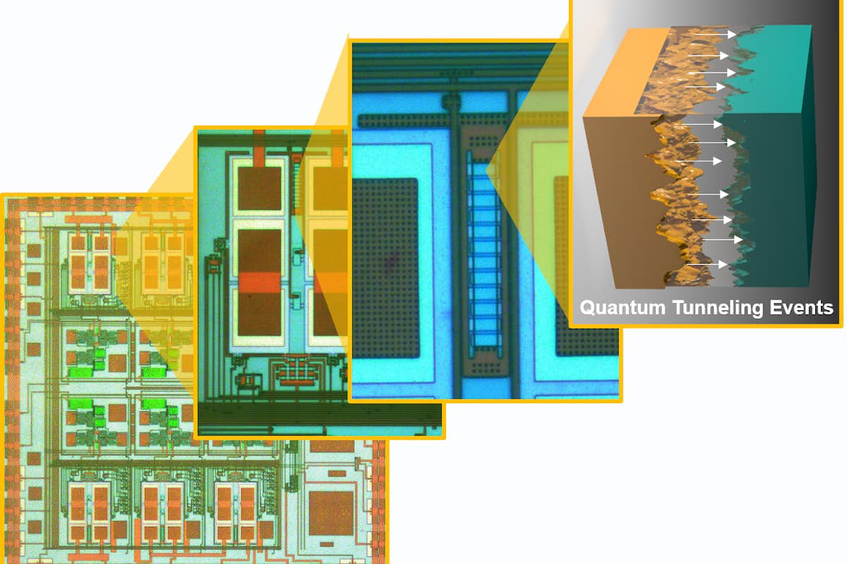 Micrograph of the quantum tunneling sensor chipset and the matched Fowler-Nordheim tunneling barriers. (Image: Chakrabartty Lab)