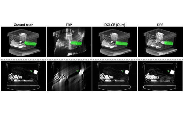 3D rendering of a piece of luggage (row 1) from its 2D slices (row 2) reconstructed using filtered back projection (FBP), diffusion posterior sampling (DPS), and the proposed DOLCE method from the limited-angle CT data containing just one-third of the views from angle range 0-60◦. (Image: Jiaming Liu)